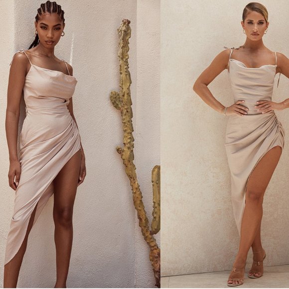 House of CB 'Soluna' Sand Thigh Split Draped Maxi Dress NWOT - Picture 1 of 12